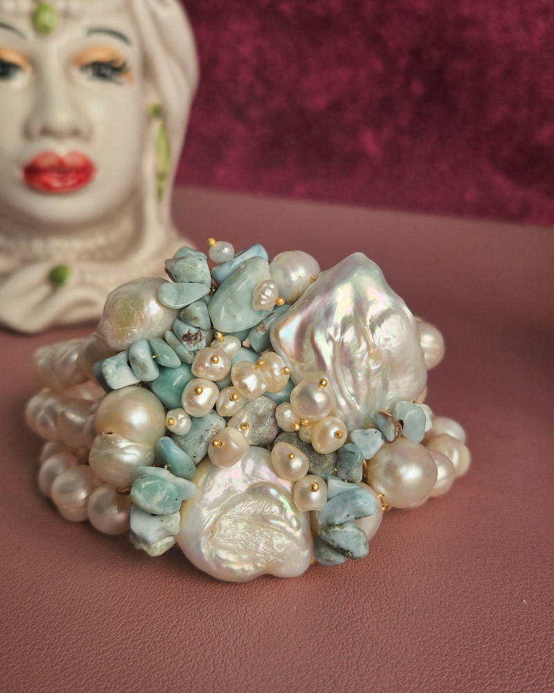parure collana e bracciale multifilo con perle di fiume e amazzonite 9