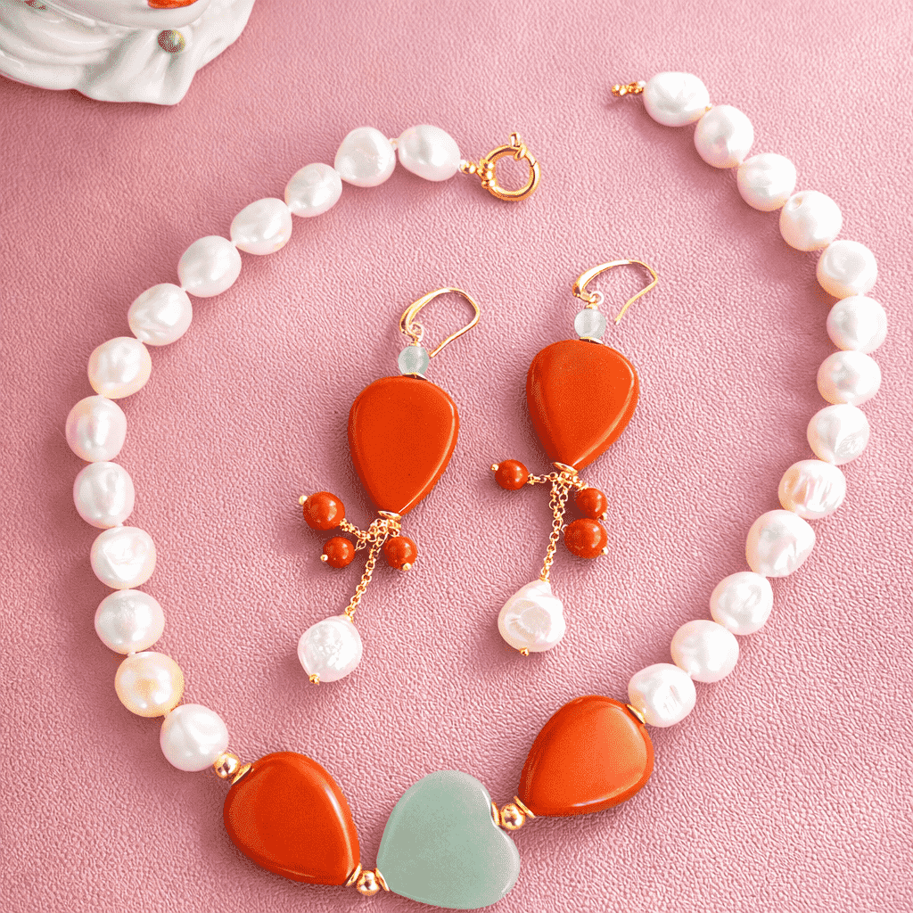 Parure Collana e Orecchini 2 ANIME con Perle Naturali e Pasta di Corallo