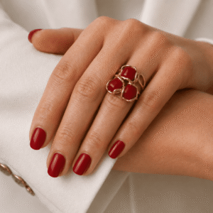 Anello Triplo In Argento 925 Placcato Oro con Corallo Rosso