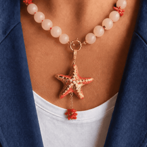Collana Girocollo con Giada Rosa e Stella Marina in Ceramica di Caltagirone