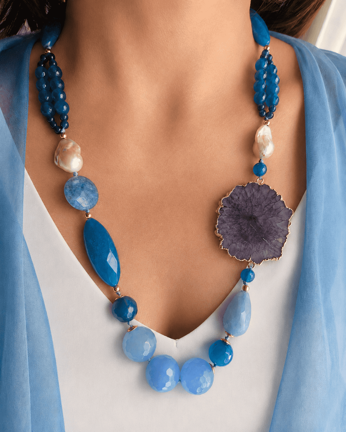 Collana Lunga con Agata Blu, Angelite, Perle Barocche e Agata Naturale Tagliata Blu 5