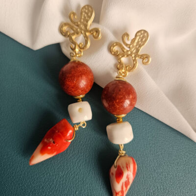 Orecchini Pendenti con Corallo Bambù Rosso e Bianco